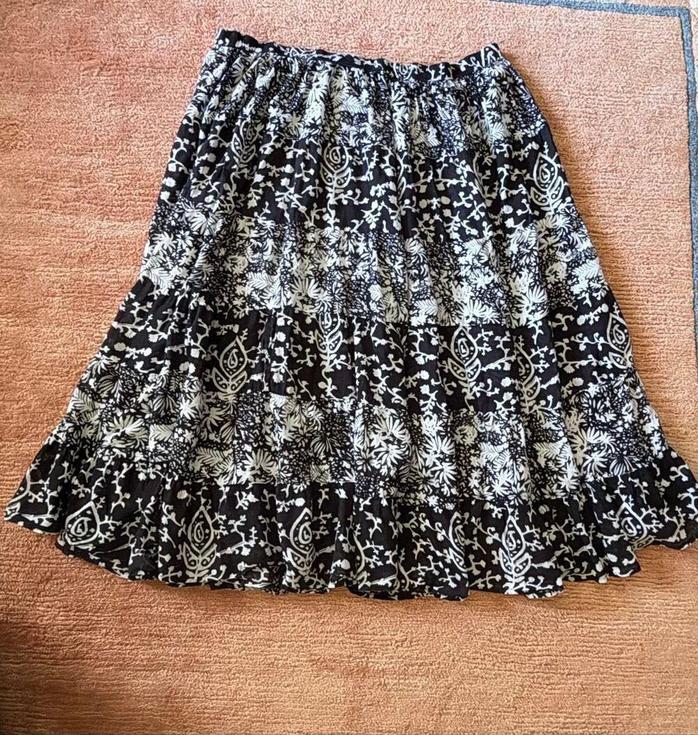 Saybury Women’s Tiered Maxi Skirt Size 2X Black White 100% Cotton Boho